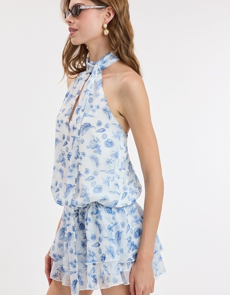 Tropical Chiffon Mock Neck Scarf Mini Dress