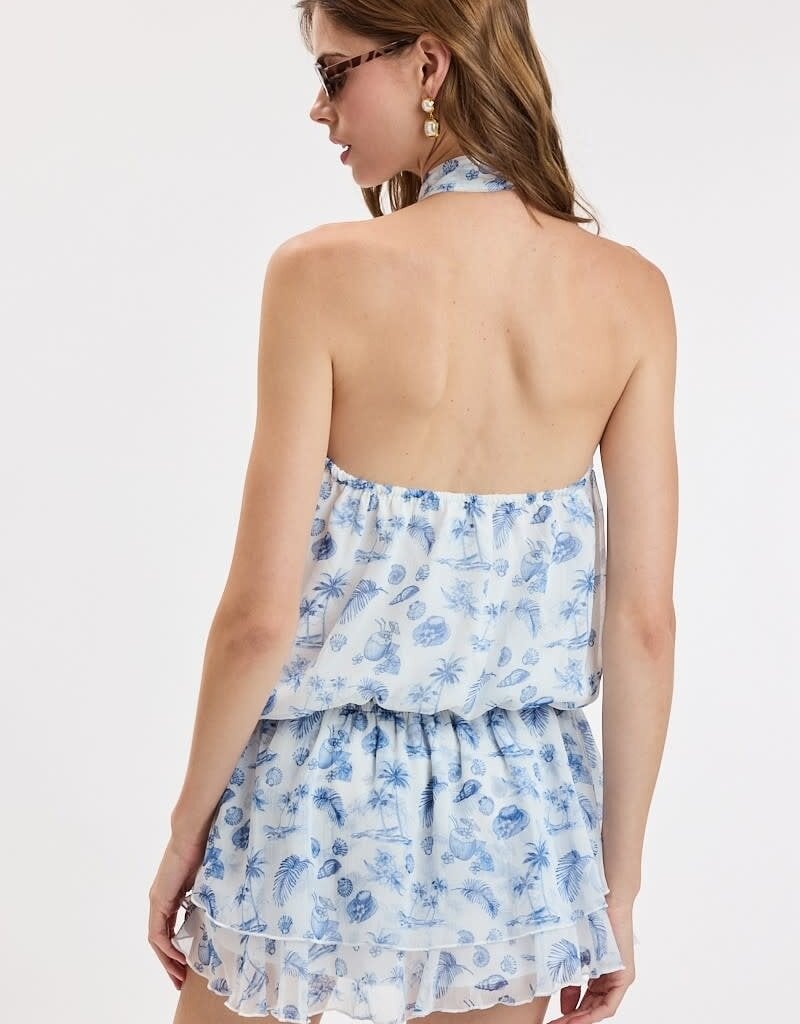 Tropical Chiffon Mock Neck Scarf Mini Dress