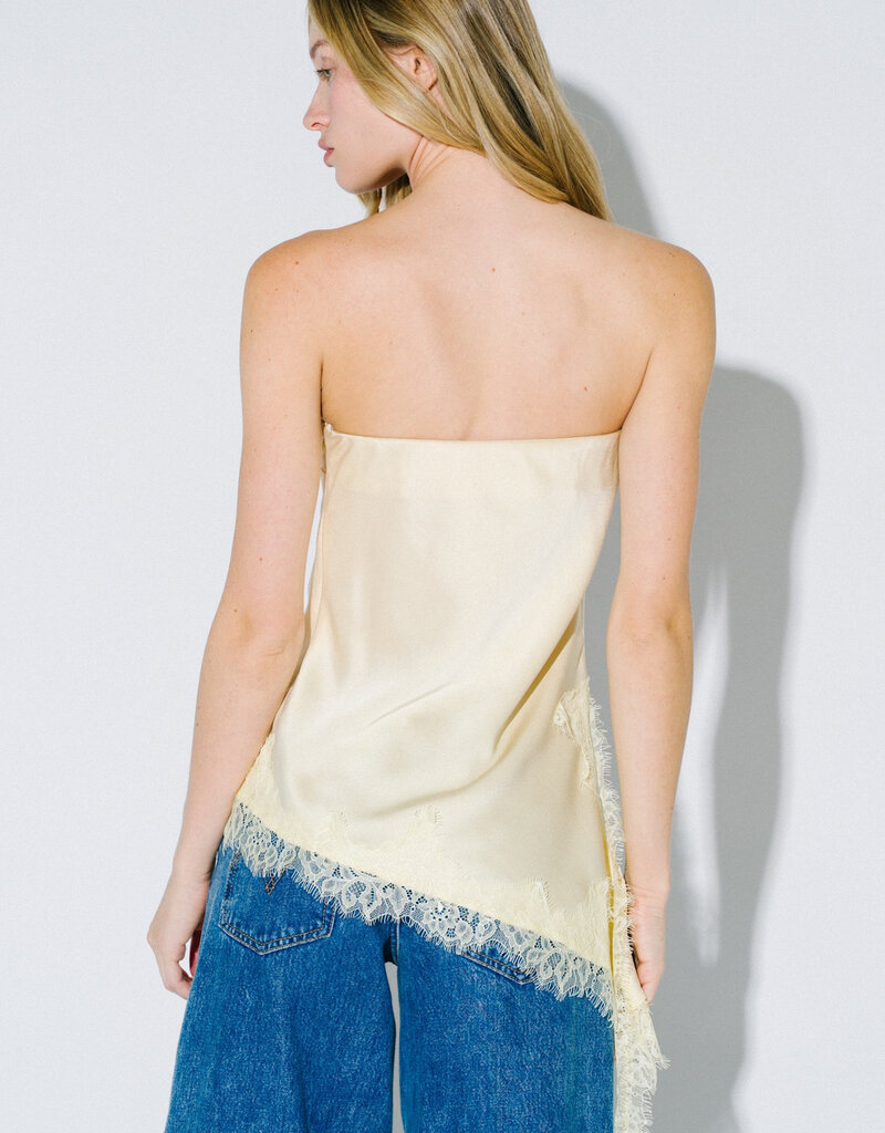 Satin Asymmetrical Strapless Top With Lace Trim
