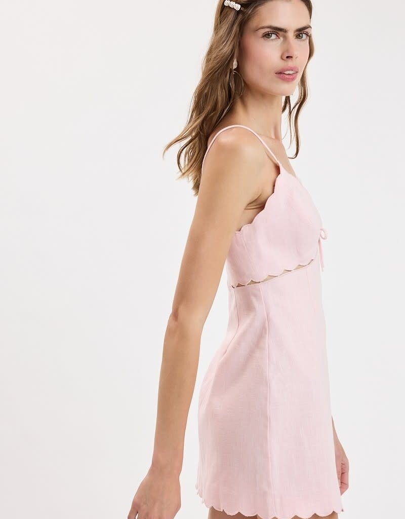 Linen Scallop V Neck Mini Dress