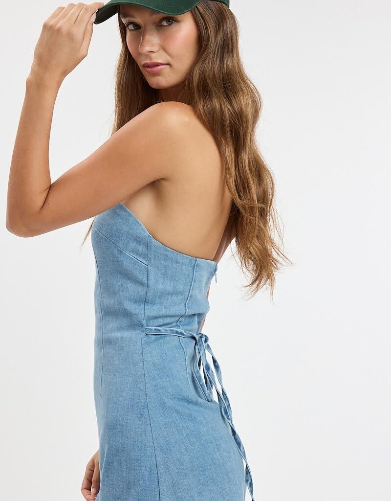 Strapless Denim Waist Tie Skort Mini Dress