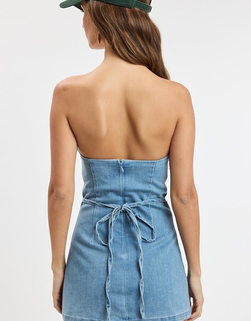 Strapless Denim Waist Tie Skort Mini Dress