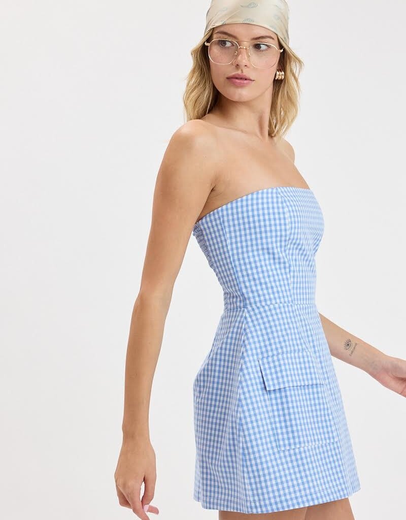 Front Pocket A Line Strapless Gingham Mini Dress