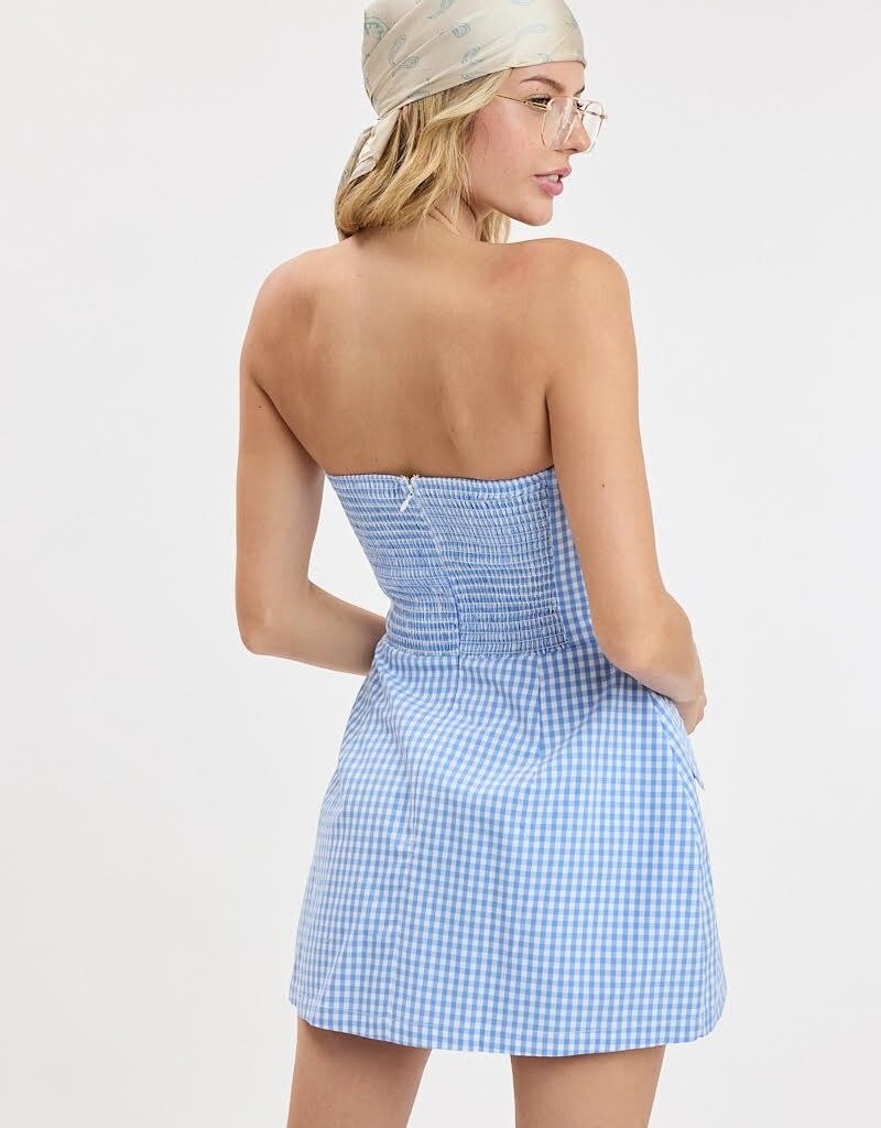 Front Pocket A Line Strapless Gingham Mini Dress