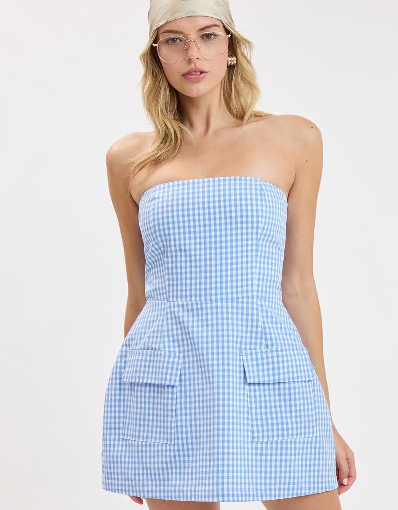 Front Pocket A Line Strapless Gingham Mini Dress