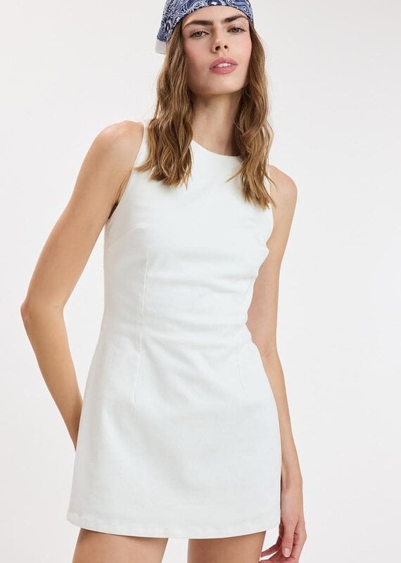 Denim Fitted Sleeveless Shift Mini Dress With Built In Shorts