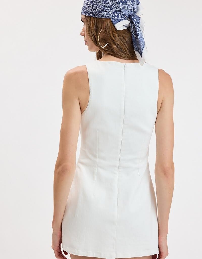 Denim Fitted Sleeveless Shift Mini Dress With Built In Shorts