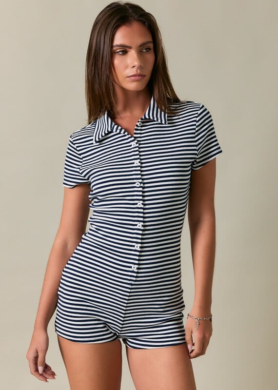 Button Front Striped Fitted Romper