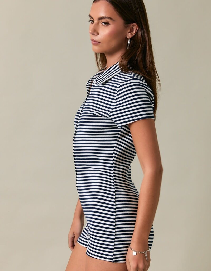 Button Front Striped Fitted Romper
