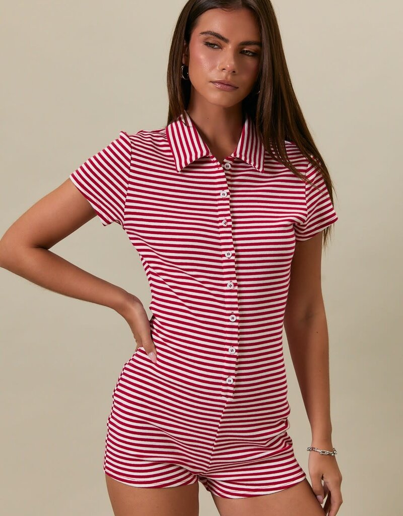 Button Front Striped Fitted Romper