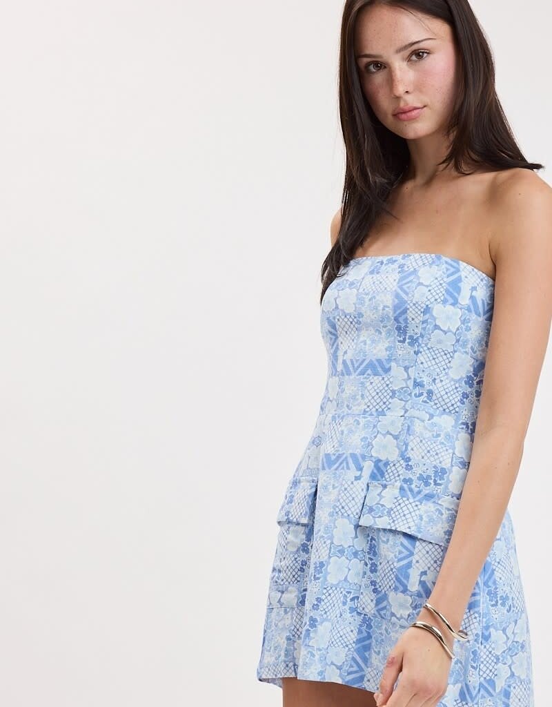 Front Pocket A Line Strapless Floral Mini Dress