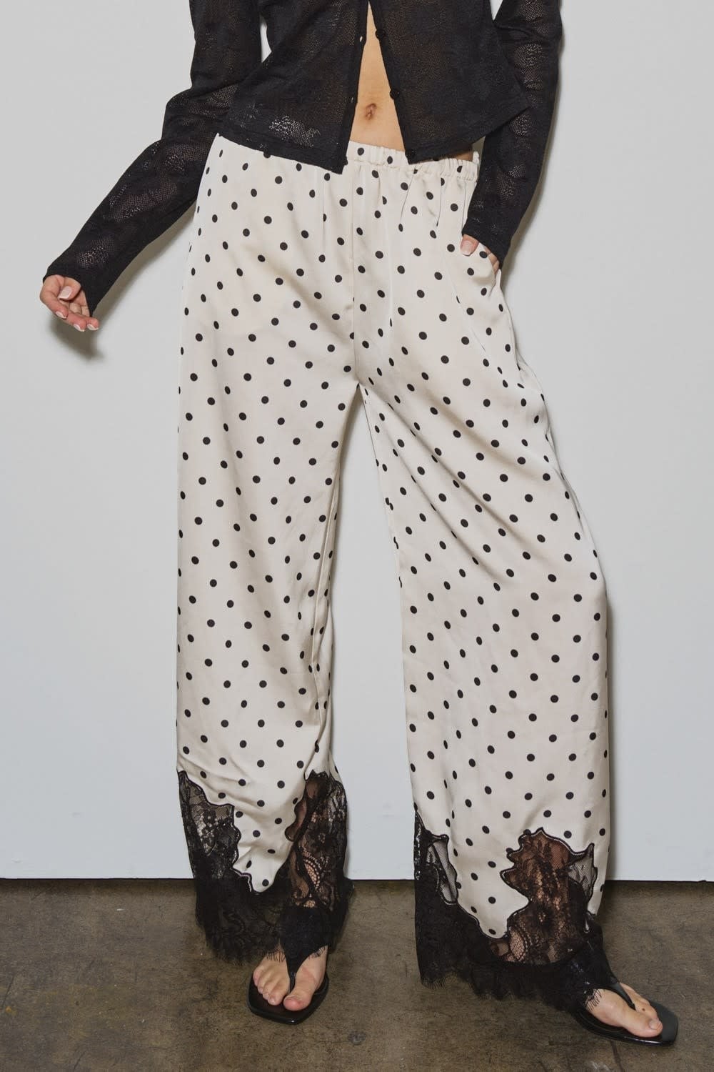 Polka Dot Satin Lace Trim Pants - SPLASH