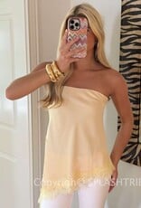 Satin Asymmetrical Strapless Top With Lace Trim