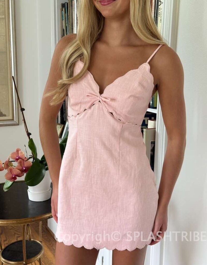 Linen Scallop V Neck Mini Dress - SPLASH
