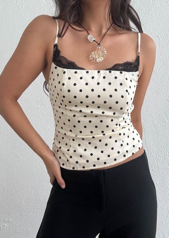 Peekaboo Lace Trim Polka Dot Cami Top