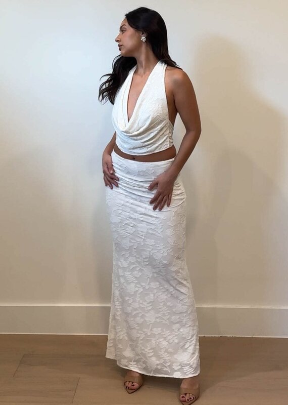 Plunge Cowl Neck Top Maxi Skirt Set