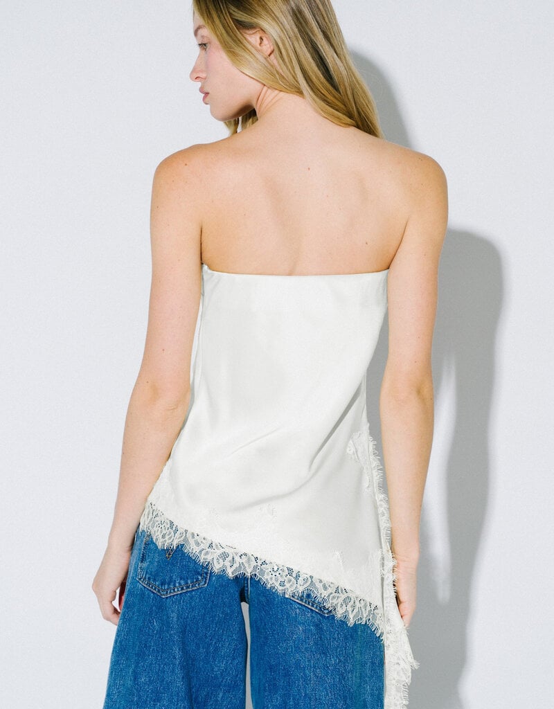 Satin Asymmetrical Strapless Top with Lace Trim