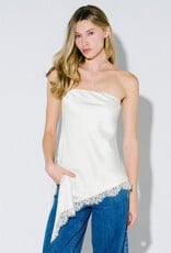 Satin Asymmetrical Strapless Top with Lace Trim
