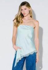 Satin Asymmetrical Strapless Top with Lace Trim