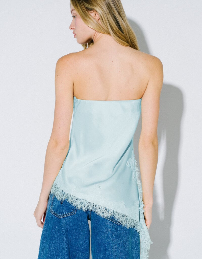 Satin Asymmetrical Strapless Top with Lace Trim
