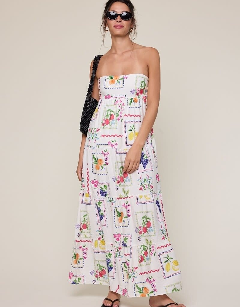 Vintage Fruit Strapless Tie Back Maxi Dress