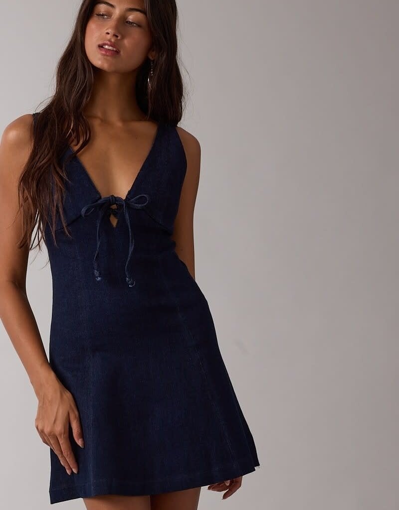 Tie Front Denim V Neck Mini Dress