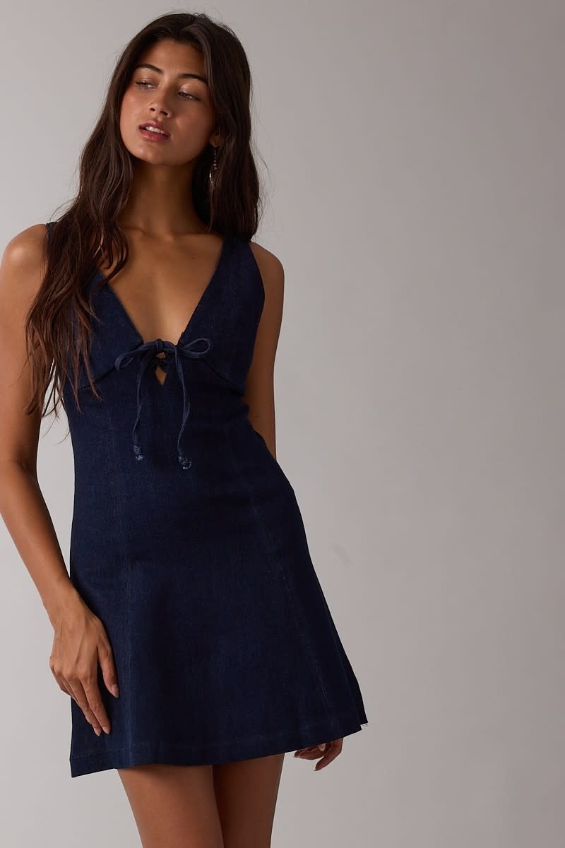 Tie Front Denim V Neck Mini Dress - SPLASH