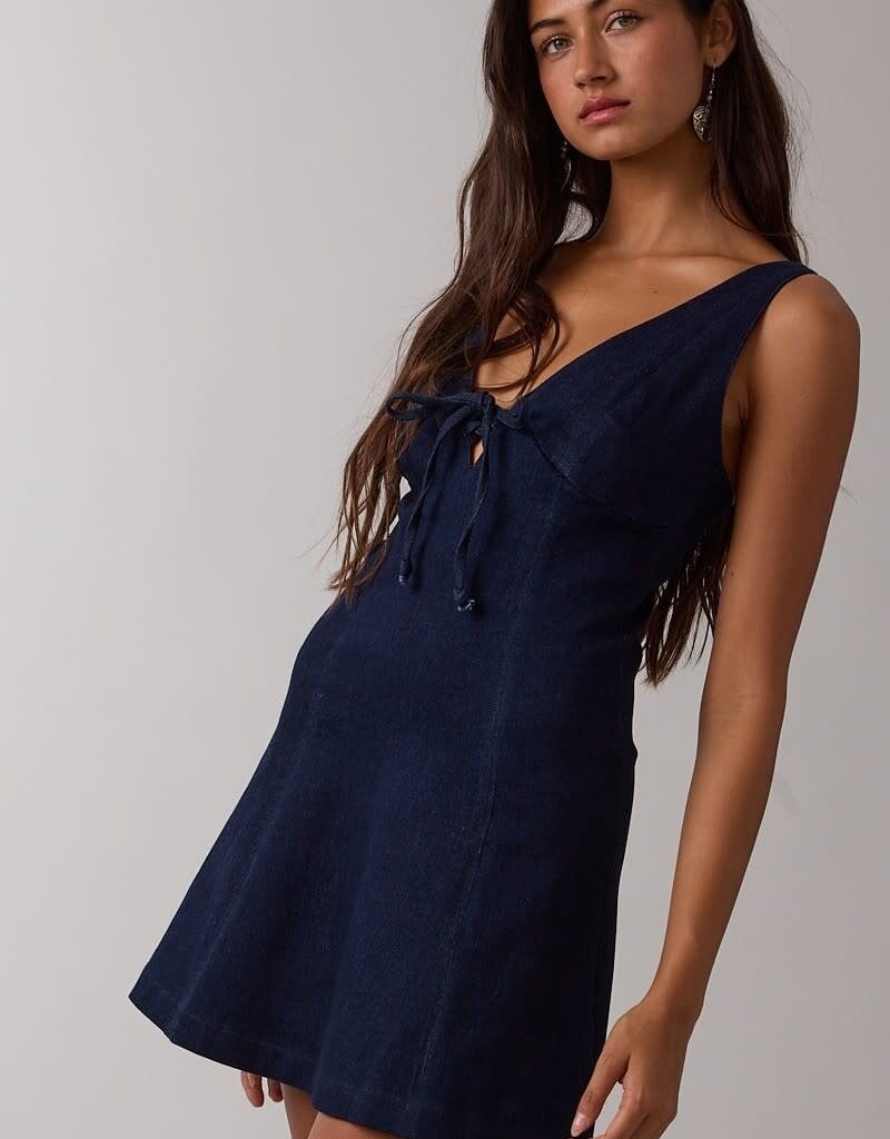 Tie Front Denim V Neck Mini Dress