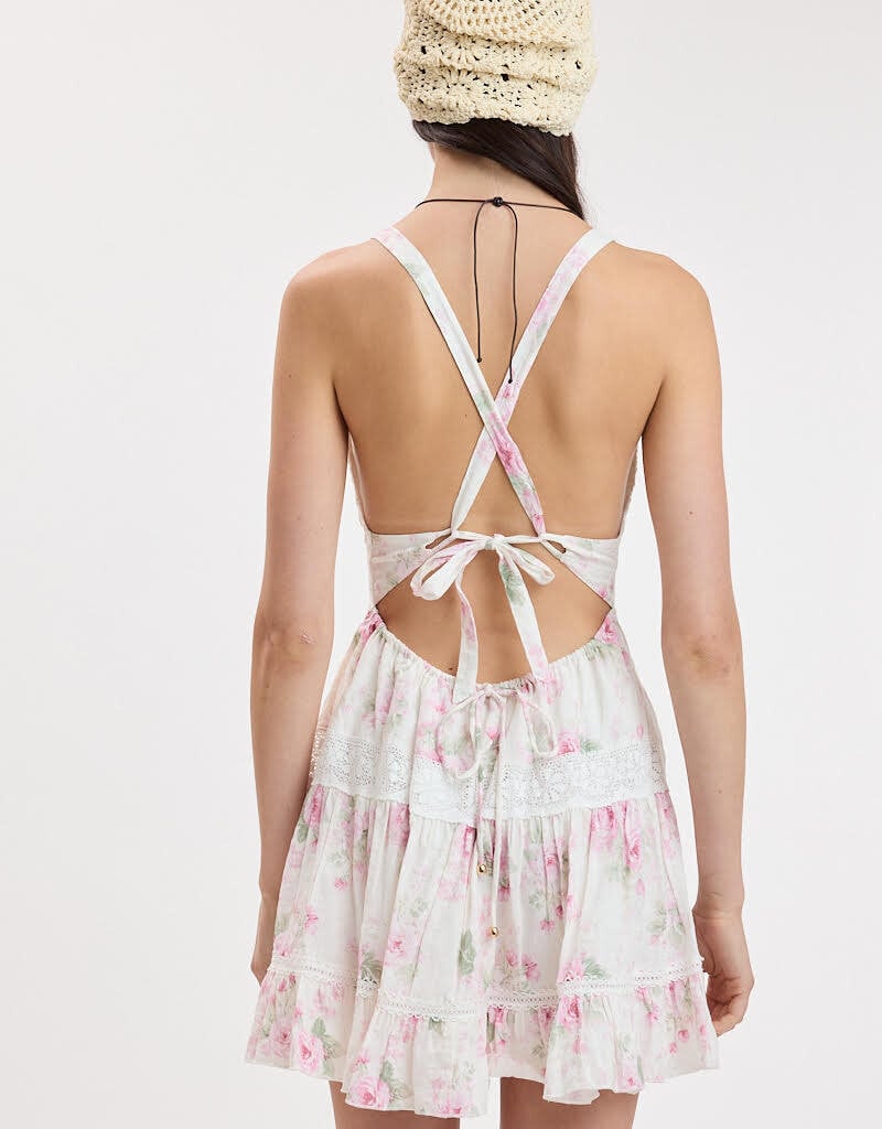 Floral Lace Trim Crossback Mini Dress