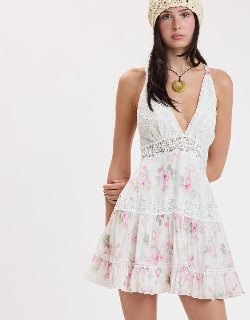 Floral Lace Trim Crossback Mini Dress