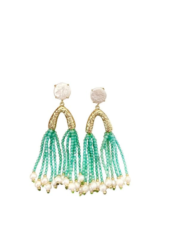 Paris Pearl Beaded Green Tassel Earrings