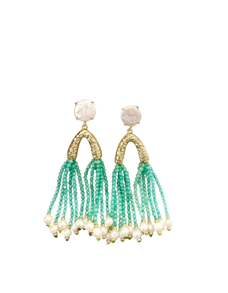 Paris Pearl Beaded Green Tassel Earrings
