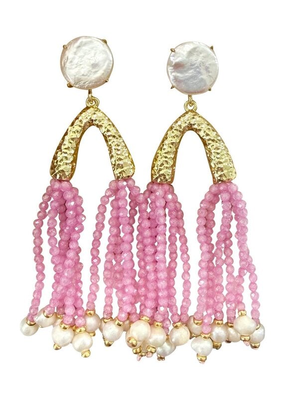 Paris Pearl Beaded Pink Tassel Earrings