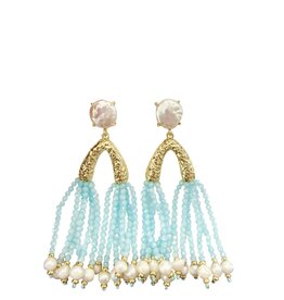Paris Pearl Beaded Tassel Earrings Light Blue