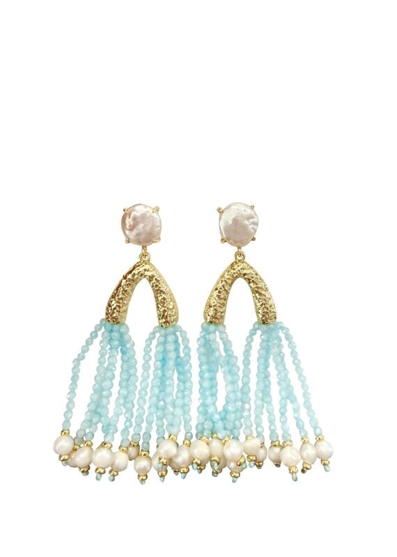 Paris Pearl Beaded Tassel Earrings Light Blue