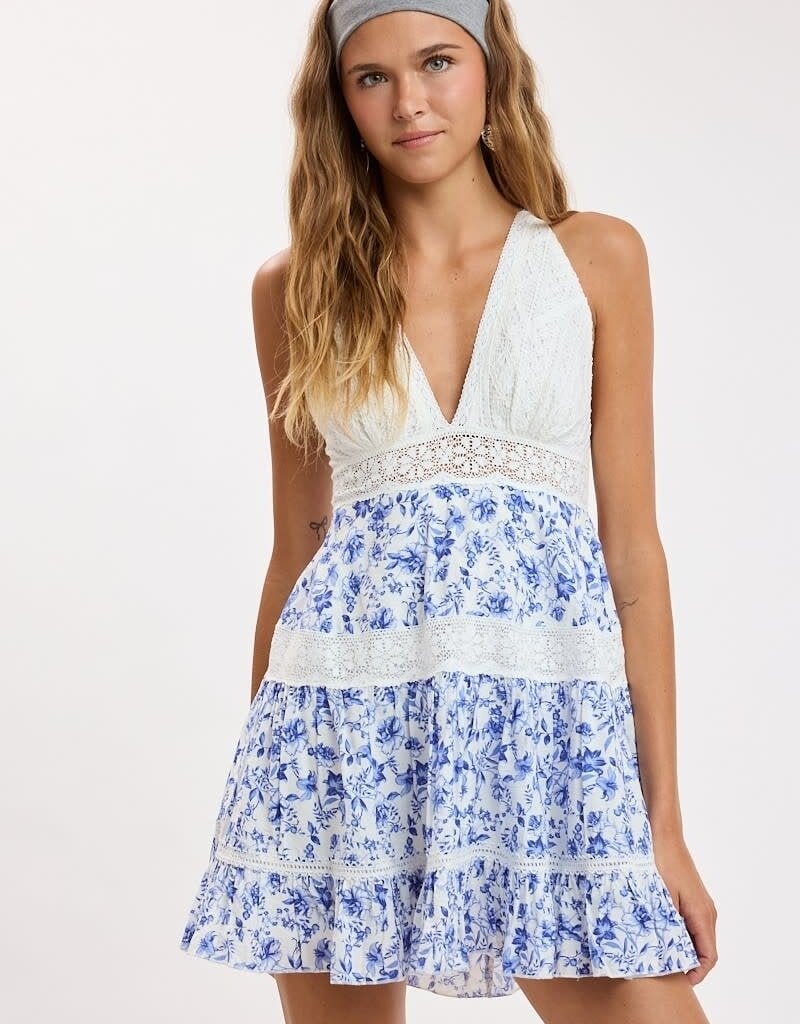 Floral Lace Trim Crossback Mini Dress