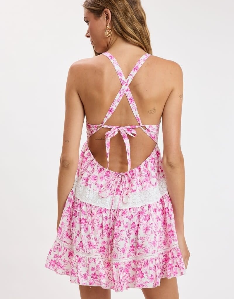 Floral Lace Trim Crossback Mini Dress