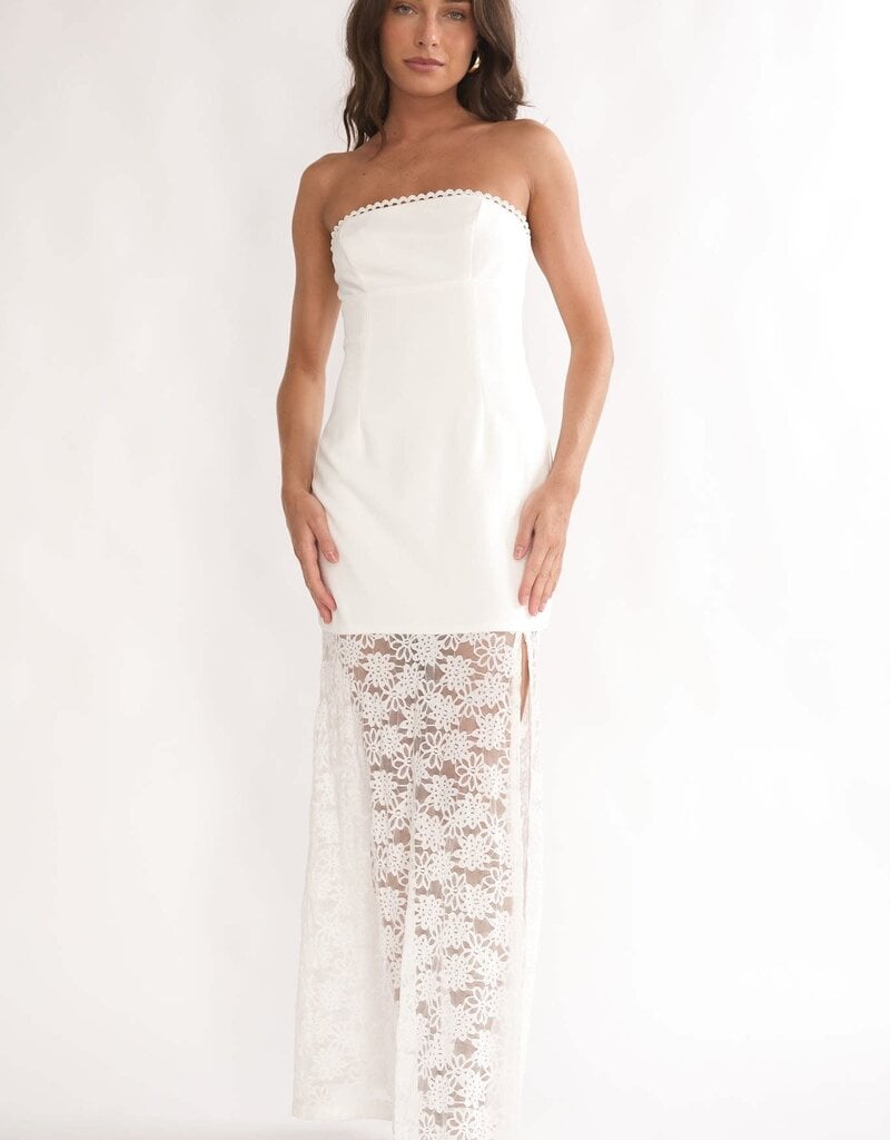 Kyra Strapless Floral Lace Sheer Overlay Maxi Dress