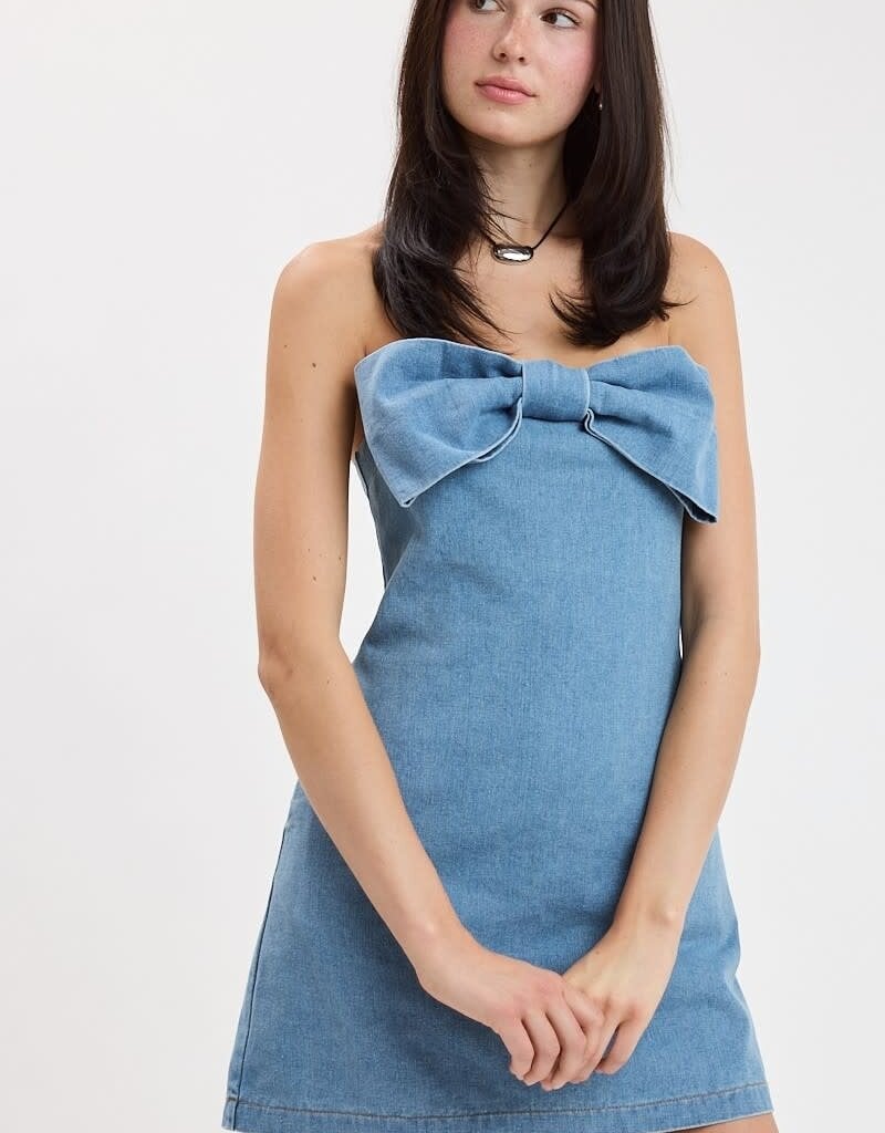 Bow Front Strapless Denim Mini Dress