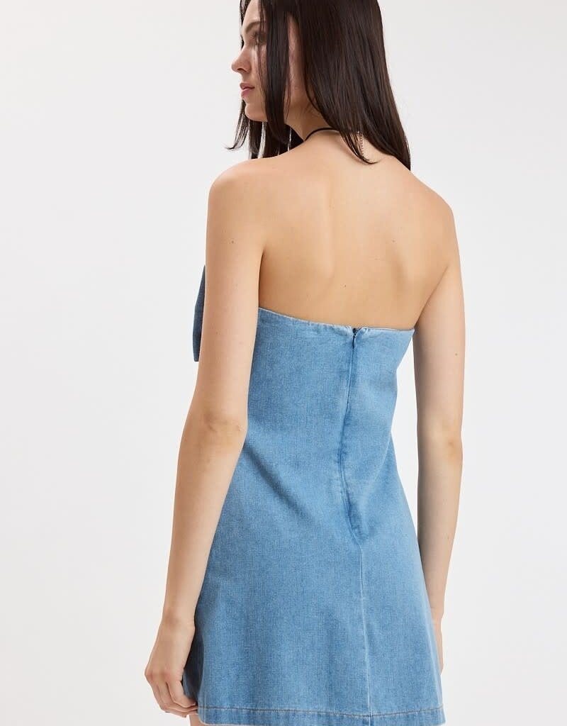Bow Front Strapless Denim Mini Dress
