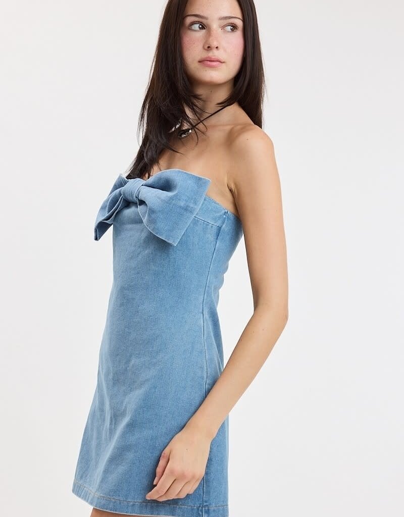 Bow Front Strapless Denim Mini Dress