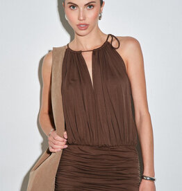 Halter Neck Ruched Mini Dress With Bead Fringe