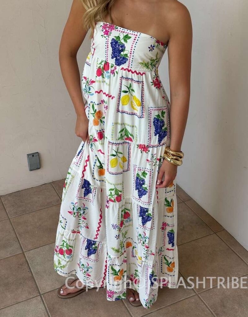 Vintage Fruit Strapless Tie Back Maxi Dress