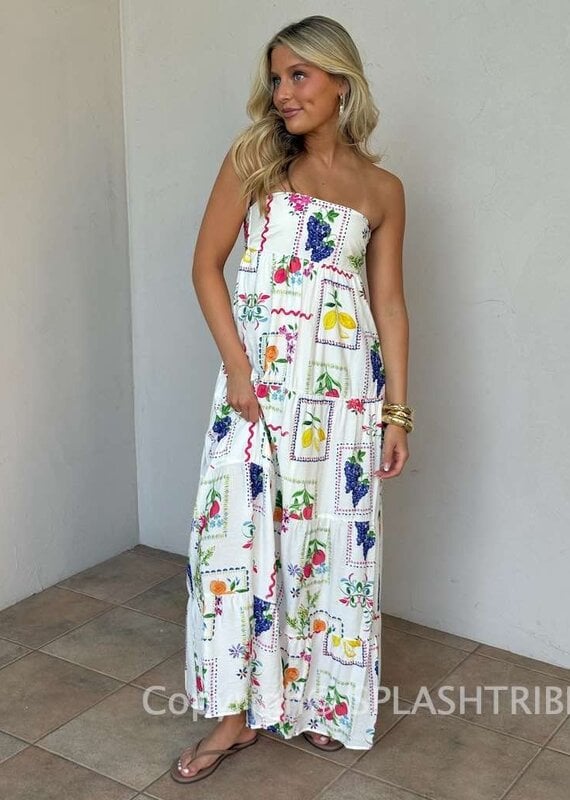 Vintage Fruit Strapless Tie Back Maxi Dress
