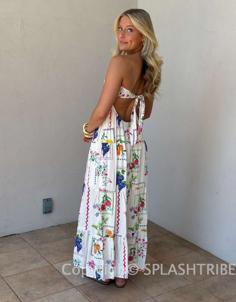 Vintage Fruit Strapless Tie Back Maxi Dress