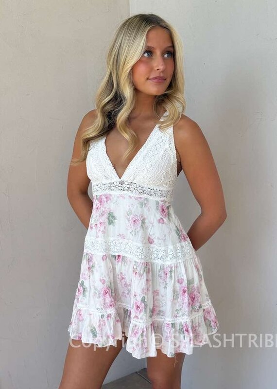 Floral Lace Trim Crossback Mini Dress