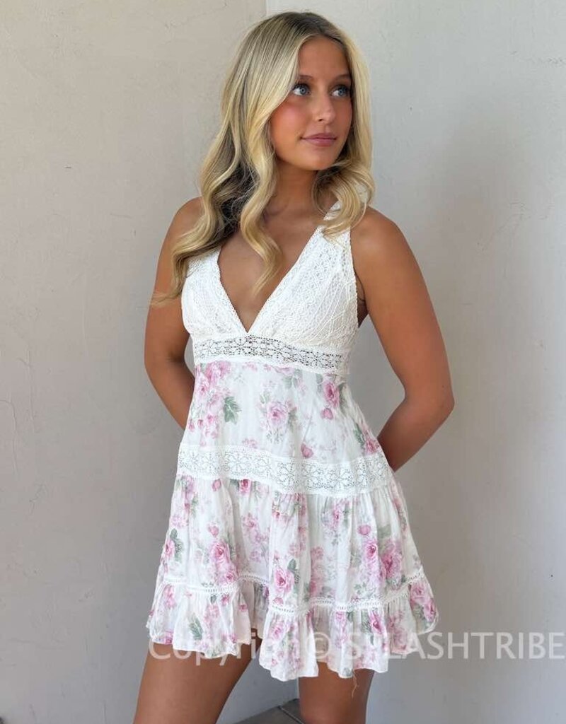 Floral Lace Trim Crossback Mini Dress