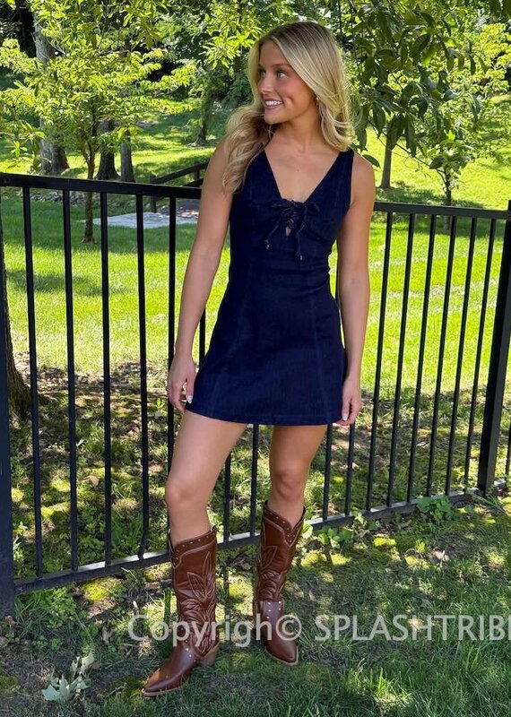 Tie Front Denim V Neck Mini Dress