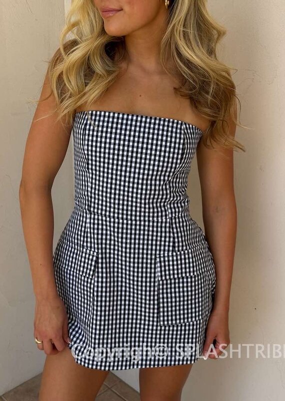 Front Pocket A Line Strapless Gingham Mini Dress