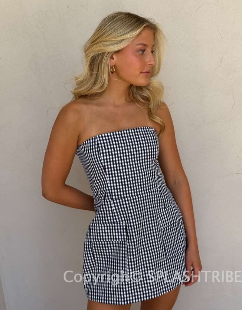 Front Pocket A Line Strapless Gingham Mini Dress